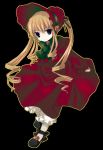  00s 1girl black_background blonde_hair blue_eyes bonnet bow bowtie dress flower frills full_body long_hair long_sleeves looking_at_viewer mary_janes namori red_dress rose rozen_maiden shinku shoes sidelocks simple_background solo standing twintails 