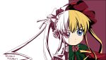  00s 1girl blonde_hair blue_eyes bonnet bow bowtie close-up copyright_name dress face flower ixy long_hair red_background red_dress rose rozen_maiden serious shinku sidelocks simple_background solo unfinished white_background 