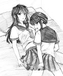  2girls :o embarrassed hair_ornament hairclip kurogane_otome long_hair looking_at_viewer lying monochrome multiple_girls navel on_back parted_lips pleated_skirt sailor_collar school_uniform serafuku short_hair short_sleeves skirt sweatdrop tetsu_(kimuchi) tsuyokiss very_long_hair yashi_nagomi yuri 