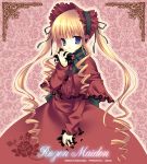  00s 1girl blonde_hair blue_eyes bonnet bow capelet dress drill_hair flower long_hair long_sleeves red_dress ribbon rose rozen_maiden shinku solo tatekawa_mako wnb_mark 