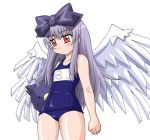  1girl 3.1-tan :o angel_wings aruma_(shinrabanshou) aruma_(shinrabanshou)_(cosplay) bangs blush body_blush bow clenched_hand cosplay flat_chest hair_bow holding long_hair looking_down multiple_wings name_tag one-piece_swimsuit os-tan red_eyes school_swimsuit shinrabanshou sidelocks silver_hair simple_background solo standing stuffed_animal stuffed_toy swimsuit very_long_hair white_background wings 