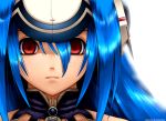  1girl blue_hair collar face gradient gradient_background helmet kos-mos red_eyes solo wallpaper xenosaga 