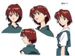 1girl :d bangs blue_eyes breasts brown_hair character_name character_sheet closed_mouth cowboy_shot flipped_hair from_side girlfriend_of_steel kirishima_mana light_smile looking_at_viewer looking_back looking_to_the_side lowres multiple_views neon_genesis_evangelion neon_genesis_evangelion:_iron_maiden official_art open_mouth portrait profile ribbon school_uniform serafuku shirt short_hair short_sleeves simple_background small_breasts smile solo suspender_skirt suspenders white_background 