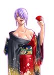  1girl alcohol bare_shoulders blue_eyes breasts cleavage cup dress earrings feet_out_of_frame female hair_over_one_eye hand_up holding holding_cup isabella_valentine japanese_clothes jewelry kimono lipstick multicolored multicolored_clothes multicolored_kimono obi off-shoulder_kimono off_shoulder parted_lips print_dress print_kimono purple_hair sakazuki sake sash short_hair simple_background solo soul_calibur standing whip_sword white_background 