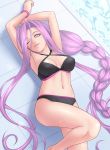  1girl armpits arms_up bikini black_bikini bracelet braid breasts fate/stay_night fate_(series) jewelry light_smile long_hair looking_at_viewer lying navel on_back one_eye_closed pool poolside purple_hair rider solo swimsuit very_long_hair zen 
