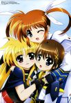  3girls belt blonde_hair blue_eyes brown_hair cape fate_testarossa fingerless_gloves gloves hair_tie highres hug jacket long_hair lyrical_nanoha magical_girl mahou_shoujo_lyrical_nanoha mahou_shoujo_lyrical_nanoha_a&#039;s multiple_girls okuda_yasuhiro one_eye_closed open_clothes open_jacket open_mouth red_eyes redhead short_hair smile takamachi_nanoha twintails violet_eyes wink x_hair_ornament yagami_hayate 