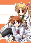  2girls blonde_hair fate_testarossa kitamiya_genbu lyrical_nanoha mahou_shoujo_lyrical_nanoha mahou_shoujo_lyrical_nanoha_a&#039;s multiple_girls pantyhose red_eyes redhead school_uniform takamachi_nanoha twintails violet_eyes 