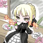  1girl arm_support blonde_hair blush_stickers brown_eyes cherry_blossoms dango eating fate/stay_night fate_(series) food from_above gothic gothic_lolita kozimaki lolita_fashion lowres plate saber saber_alter sanshoku_dango sitting skewer solo wagashi yellow_eyes 