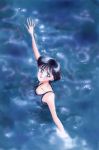  1girl 90s bishoujo_senshi_sailor_moon blue blue_eyes blue_hair blue_swimsuit commentary earrings highres jewelry looking_at_viewer mizuno_ami official_art one-piece_swimsuit parted_lips partially_submerged scan short_hair smile solo swimming swimsuit takeuchi_naoko wading water 