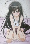  1girl ahoge alastor_(shakugan_no_shana) arm_support bare_legs bare_shoulders barefoot bed black_hair blush brown_eyes casual collarbone crop_top exif_thumbnail_surprise female fingernails flat_chest full_body hair_between_eyes indoors jewelry legs long_hair looking_at_viewer midriff navel open_fly pendant shakugan_no_shana shana shorts sitting smile solo tank_top unbuttoned unzipped v_arms wall 
