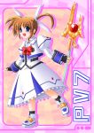  00s 1girl bow brown_hair fingerless_gloves full_body gloves looking_at_viewer lyrical_nanoha magazine_(weapon) magical_girl mahou_shoujo_lyrical_nanoha raising_heart red_bow redhead short_hair skirt smile solo staff standing standing_on_one_leg takamachi_nanoha twintails violet_eyes 