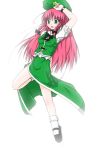  1girl bare_legs bloom bow braid chinese_clothes collared_shirt etogami_kazuya female green_eyes hair_bow hong_meiling jumping long_hair open_mouth redhead shirt shoes short_sleeves side_slit simple_background socks solo star tangzhuang touhou twin_braids white_background 