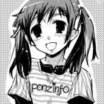  1girl :d blush kurusu_tatsuya lowres monochrome open_mouth original shirt short_hair short_sleeves short_twintails smile solo striped striped_shirt twintails upper_body 