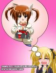  00s 2girls blonde_hair fate_testarossa gift holding holding_gift kagura_yuuto lyrical_nanoha mahou_shoujo_lyrical_nanoha multiple_girls resized takamachi_nanoha twintails yuri 