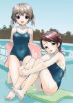  2girls barefoot brown_eyes brown_hair feet green_eyes inuburo kickboard leg_hug long_hair multiple_girls one-piece_swimsuit original pool school_swimsuit short_hair sitting swimsuit twintails wet 