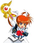  &gt;:d 1girl :d bow bowtie cowboy_shot eyebrows eyebrows_visible_through_hair fingerless_gloves gloves grey_eyes hair_ribbon holding holding_weapon lyrical_nanoha magazine_(weapon) magical_girl mahou_shoujo_lyrical_nanoha mahou_shoujo_lyrical_nanoha_a&#039;s open_mouth polearm raising_heart redhead ribbon rod sandgarden simple_background smile solo staff takamachi_nanoha twintails violet_eyes weapon white_background white_devil 