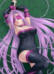  1girl armpits arms_up black_legwear blindfold chains collar dress fate/stay_night fate_(series) lips long_hair parted_lips purple_hair rider solo strapless strapless_dress thigh-highs very_long_hair zen 