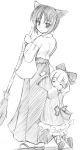  00s 2girls animal_ears bedrawbox fox_ears graphite_(medium) hina_ichigo japanese_clothes kashiwaba_tomoe miko mizushima_kai monochrome multiple_girls rozen_maiden sketch traditional_media 