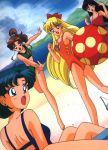  4girls 90s aino_minako ball beach beachball bikini bishoujo_senshi_sailor_moon black_hair blonde_hair blue_eyes blue_hair bow brown_hair earrings everyone green_bikini hair_bobbles hair_bow hair_ornament half_updo highres hino_rei jewelry kino_makoto long_hair mizuno_ami multiple_girls ocean official_art open_mouth ponytail red_bow red_swimsuit scan short_hair swimsuit very_long_hair water 