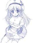  1girl arin beret breasts cleavage graphite_(medium) hat luna_lia monochrome pangya sketch solo thigh-highs traditional_media 
