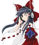  1girl black_eyes detached_sleeves female grey_hair hakurei_reimu hand_on_ear headphones japanese_clothes long_hair miko one_eye_closed phantasmagoria_of_flower_view simple_background solo touhou wind wink 