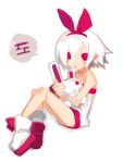  1girl :d bare_shoulders blush disgaea dress full_body harada_takehito holding looking_at_viewer open_mouth original parted_lips pleinair pointy_ears rabbit robot short_hair simple_background sitting smile solo speech_bubble strapless strapless_dress usagi-san white_background white_hair 