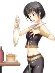  1girl black_eyes black_hair cake cool_&amp;_sexy_(idolmaster) cowboy_shot food icing idolmaster kikuchi_makoto midriff navel open_mouth pastry pastry_bag plate short_hair simple_background solo sweat table tanaka_shoutarou white_background 