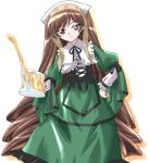  00s 1girl black_ribbon bonnet brown_hair dress green_dress green_eyes hand_on_hip heterochromia holding long_hair long_sleeves looking_at_viewer mikage_nao neck_ribbon red_eyes ribbon rozen_maiden simple_background solo straightchromia suiseiseki very_long_hair watering_can white_background 