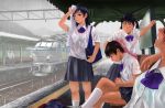  4girls ground_vehicle locomotive mimura_kaoru multiple_girls original rain school_uniform see-through serafuku towel train train_station wet 