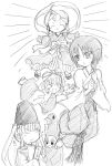  00s 4girls graphite_(medium) hina_ichigo japanese_clothes kanaria kashiwaba_tomoe miko monochrome multiple_girls naruse_mamoru rozen_maiden shinku sketch traditional_media 