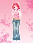  1girl belt denim flower haruse_hiroki jeans one_eye_closed original pants pink redhead short_hair solo wink 