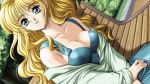  1girl bench blonde_hair breasts cleavage dutch_angle edited game_cg hoshi_no_pierce kinmedai_pink photoshop solo texture 