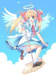  1girl angel bad_anatomy blonde_hair blue_eyes broom broom_riding clouds maid mop sky solo wings 