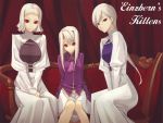  3girls albino couch dress fate/stay_night fate_(series) illyasviel_von_einzbern leysritt long_hair multiple_girls no_hat no_headwear red_eyes red_upholstery sella shingo_(missing_link) short_hair sitting skirt smile trio wallpaper white_hair 