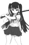  1girl asanagi katana monochrome original pleated_skirt school_uniform serafuku simple_background skirt solo sword weapon 