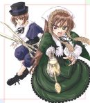  00s 2girls angry boku brown_hair haru_(primavera) hat heterochromia long_hair multiple_girls rozen_maiden scissors shears short_hair siblings sisters souseiseki suiseiseki twins watering_can 