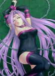  1girl armpits arms_up black_legwear chains collar dress fate/stay_night fate_(series) lips long_hair looking_at_viewer parted_lips purple_hair rider solo strapless strapless_dress thigh-highs very_long_hair zen 
