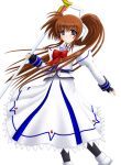  1girl bad_anatomy bow brown_hair fingerless_gloves gloves long_hair looking_at_viewer lyrical_nanoha magical_girl mahou_shoujo_lyrical_nanoha mahou_shoujo_lyrical_nanoha_a&#039;s mahou_shoujo_lyrical_nanoha_strikers polearm poorly_drawn raising_heart red_bow redhead side_ponytail simple_background skirt solo takamachi_nanoha violet_eyes weapon yamaguchi_ugou 