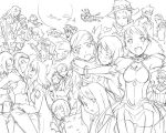  6+girls :d ^_^ aircraft airplane armor bracelet closed_eyes dress everyone full_moon greyscale hug jewelry kyo_(kuroichigo) looking_at_viewer looking_away monochrome moon multiple_girls my-otome navel open_mouth outstretched_arm propeller shirt smile standing sweatdrop thigh_gap weapon yuri 