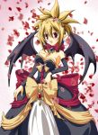  1girl bat_wings blonde_hair bow demon_girl disgaea dress hinata_momo makai_senki_disgaea makai_senki_disgaea_2 makai_senki_disgaea_3 nippon_ichi pointy_ears red_eyes rozalin solo strapless strapless_dress wings yellow_bow 