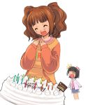  2girls :d amami_haruka birthday blush brown_hair cake closed_eyes food idolmaster long_sleeves multiple_girls open_mouth pastry raglan_sleeves redhead short_hair simple_background smile takatsuki_yayoi twintails white_background yuu_(kfc) 