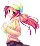  1girl cabbie_hat hat hoshizaki_hikaru long_hair looking_at_viewer lowres onda_aka open_mouth ponytail profile rec red_eyes redhead ribbon simple_background skirt solo sweatshirt white_background 