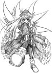  &gt;:d 1girl :d amamizu_(myofuu_kai) blush bow dress eyebrows eyebrows_visible_through_hair feet female full_body grin hat hat_bow lily_black lily_white long_hair long_sleeves monochrome open_mouth shoes simple_background smile solo teeth touhou very_long_hair white_background 