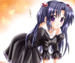  1girl all_fours bare_shoulders blue_hair blush clannad dress frills hair_bobbles hair_ornament ichinose_kotomi long_hair looking_at_viewer otoki_raku parted_lips simple_background solo two_side_up violet_eyes 