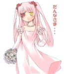  00s 1girl blush bouquet bride dress elbow_gloves eyepatch flower flower_eyepatch gloves hair_flower hair_ornament jewelry kirakishou long_hair necklace nu_(plastic_eraser) pink_hair rose rozen_maiden simple_background solo wedding_dress yellow_eyes 