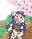  1boy 1girl :d arm_up black_eyes black_hair blush_stickers carrying cherry_blossoms coat dress emiya_kiritsugu facial_hair fate/stay_night fate_(series) father_and_daughter formal hat illyasviel_von_einzbern long_hair mittens necktie open_mouth purple_hat red_eyes scarf shoulder_carry smile stubble white_hair 
