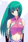  1girl bare_shoulders belt blush green_hair long_hair matsuzaki_yutaka midriff original smile solo yellow_eyes 