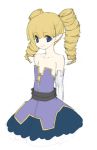  1girl archer_(disgaea) bare_shoulders blonde_hair blue_eyes demon_girl disgaea drill_hair flat_chest flat_color harada_takehito naporu nippon_ichi no_legs pointy_ears sketch solo twintails 