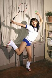  1girl animated animated_gif asian buruma gym_uniform lowres matsunaga_ayaka photo racket smile solo sport 