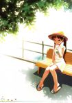  1girl bench brown_hair dappled_sunlight dress drink drinking drinking_straw fence hair_bobbles hair_ornament hat highres knees_together_feet_apart koutaro long_hair outdoors sandals shadow sitting sleeveless sleeveless_dress solo sundress sunlight tree twintails white_dress 
